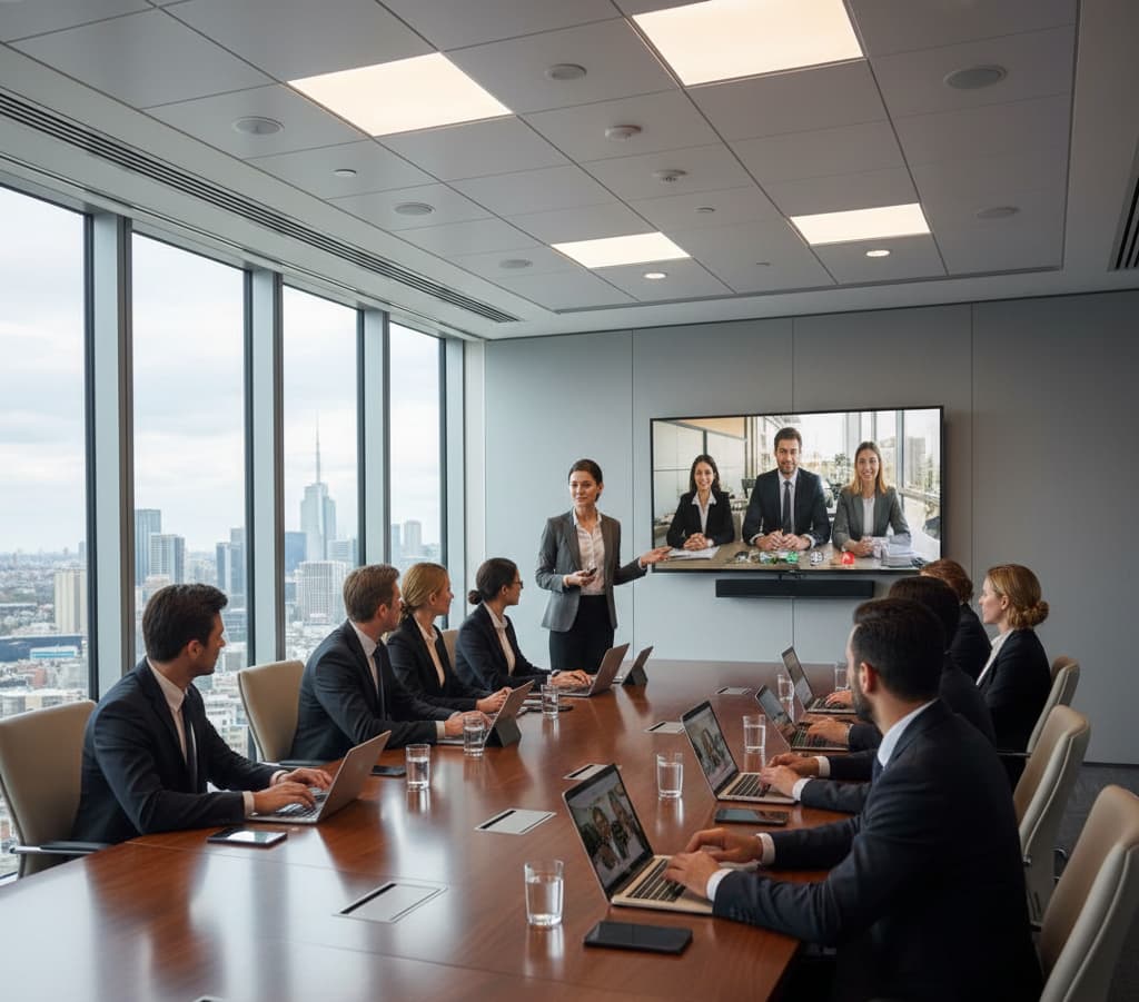 business team collaborating on cloud software optimization strategy in sleek meeting room 4k