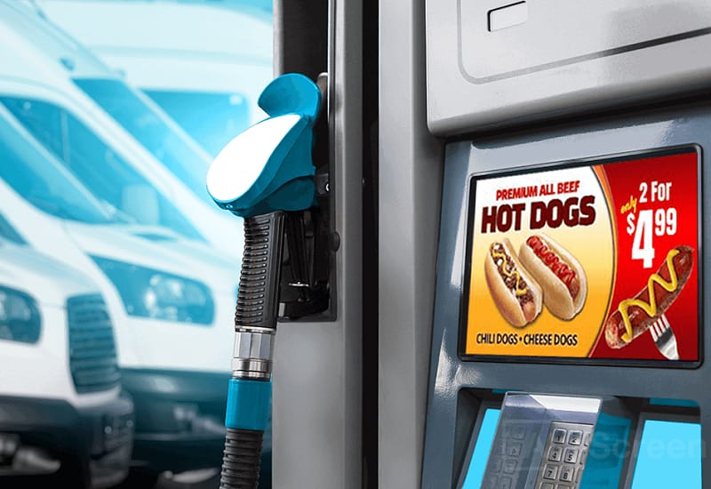 gas station digital signage with gas prices and digital menus to entertain customers