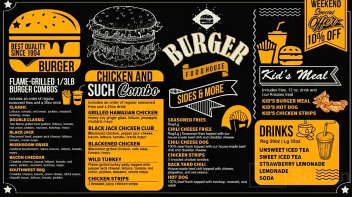 Digital menu burger board for cheddar cheese burger, french fries