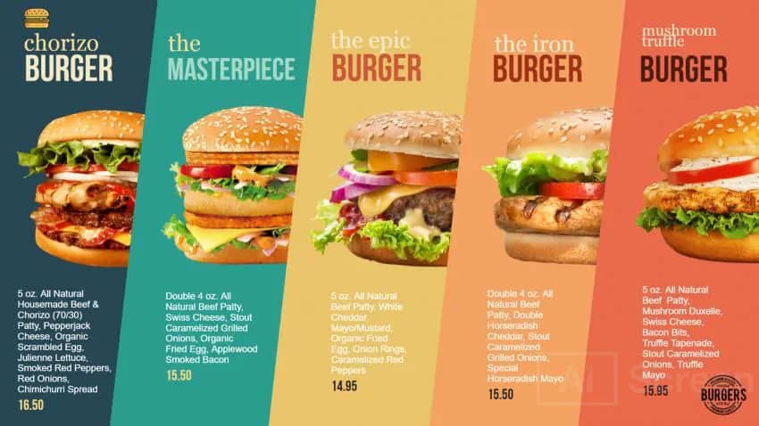 Digital Menu Board for french fries, point burger swiss cheese
